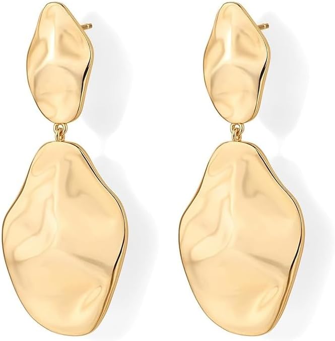 14K Gold Plated Posts Teardrop Statement Dangle Earrings for Women Lightweight Hammered Earrings Irregular Gold Stud Earrings Vintage Jewelry Gift