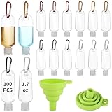 100 PCS Keychain Empty Hand Sanitizer Bottles - 1.7 oz Portable Keychain Travel Bottles, Empty Squeeze Plastic Bottle with Flip Cap, Refillable Containers with 2 Foldable Funnels for Shower Gel Lotion