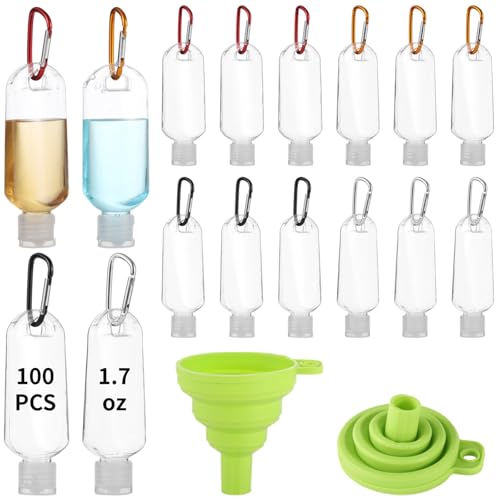 100 PCS Keychain Empty Hand Sanitizer Bottles - 1.7 oz Portable Keychain Travel Bottles, Empty Squeeze Plastic Bottle with Flip Cap, Refillable Containers with 2 Foldable Funnels for Shower Gel Lotion