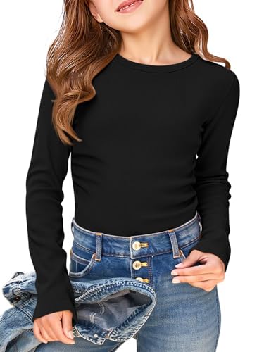 Haloumoning Girls Long Sleeve Shirts Crewneck Ruched Side Slim Fit Tops Ribbed Knit Casual Tee Shirt 4-15 Years Black