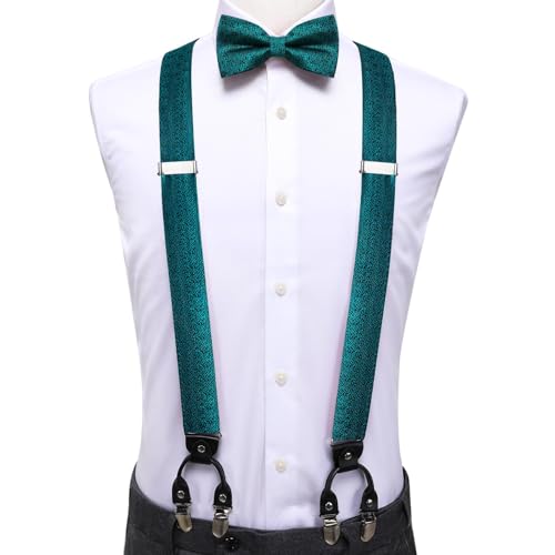 Image of Hi-Tie Men Suspender Bowtie Set Suspenders Pre-tied Bow Tie Pocket Square Cufflinks Adjustable Y Shape 6 Clips Braces Tuxedo