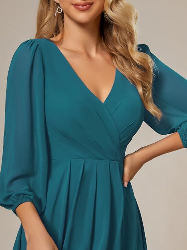 Image of Ever-Pretty Women's Chiffon V Neck Long Sleeves A-Line Midi Length Wedding Guest Dress Cocktail Party Formal Dresses 01926