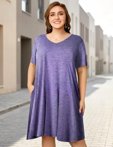 Image of OVERWORETY Womens Short Sleeve Plus Size T-Shirt Dress V Neck Casual Loose Swing A-Line Summer Tunic Dresses with Pockets