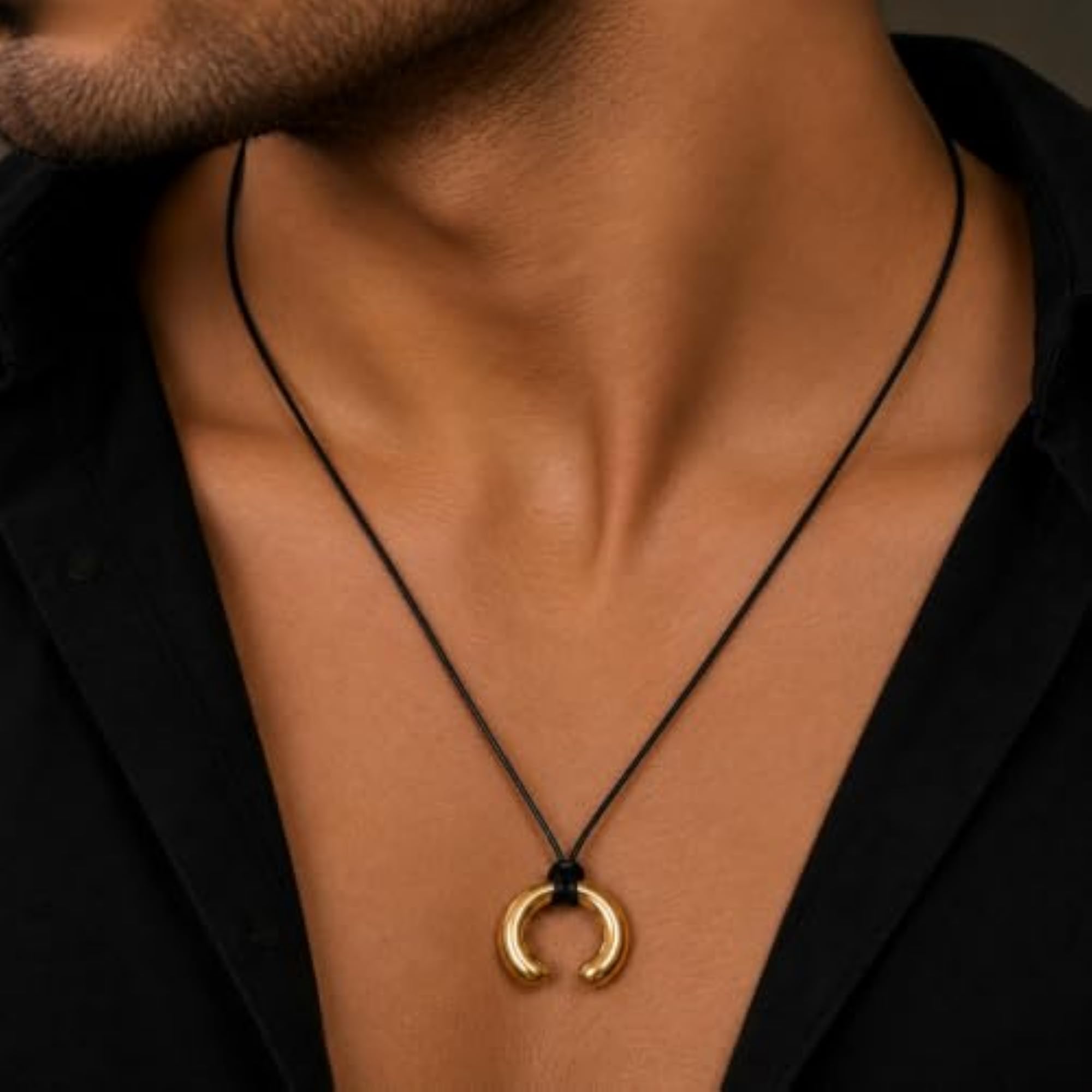 Men's 18K Gold Plated U-Shaped Pendant with Adjustable Black Cord