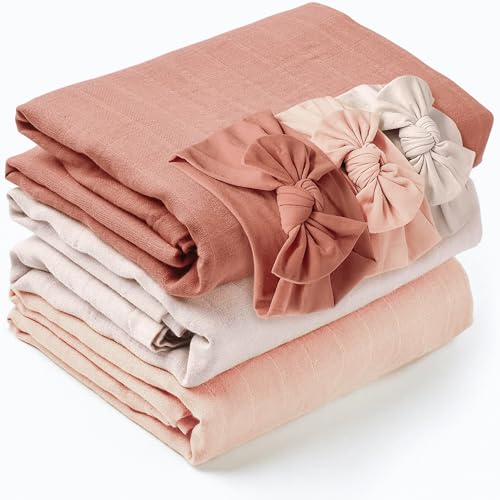 Image of Konssy 3 Pack Muslin Baby Receiving Blankets with Headband Set, Soft Fabric Newborn Swaddle Blanket, Large 45 x 45 inches, Breathable Muslin Baby Swaddles for Boys & Girls