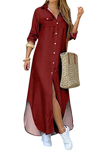 Image of DIACACY Women's Casual Lapel Collar Floral Print Maxi Dresses Side Slit Long Sleeves Loose Slim Shirt Dresses