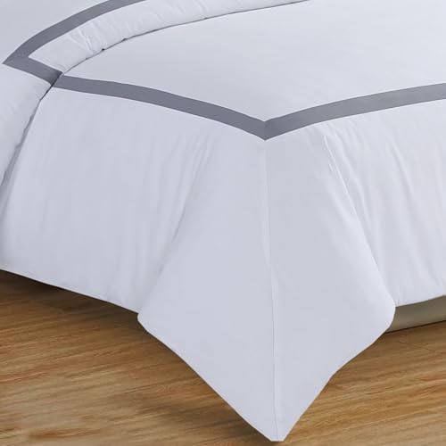 Majestic Giftware Madison Linen 4 Pcs 48" Full Size Duvet Bedding Set (BL4-48F-8-4pcs) Province Hotel Collection-White-Gray Tape 400 TC Cotton Sateen | 1 Fitted Sheet, 1 Duvet, 2 Pillowcases