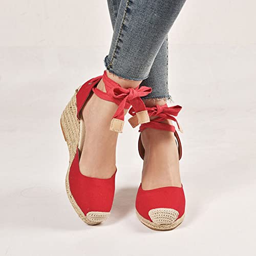 HIONRE Sandalias Mujer Cuña Alpargatas,Sandalias con cuña, Sandalias con Cordones para Mujer,Rojo,42,Casual Alpargatas de Cuña