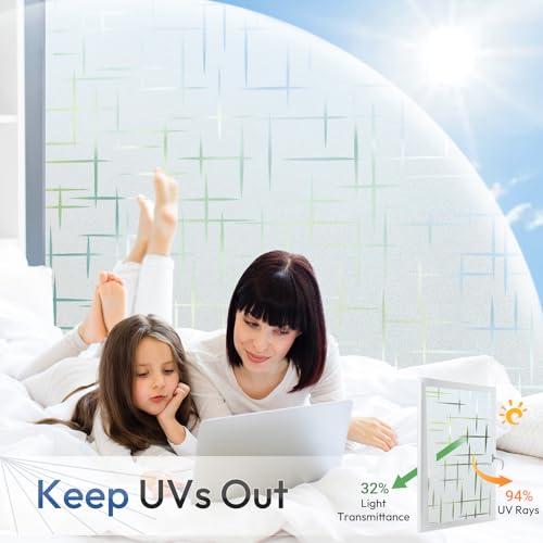 rabbitgoo Window Privacy Film Frosted Glass Window Film, Decorative Privacy Cling, UV Blocking Staic Cling Bathroom Glass Frosting Sticker, Non-Adhesive Front Door Cover, Cross Pattern, 17.5" x 78.7"