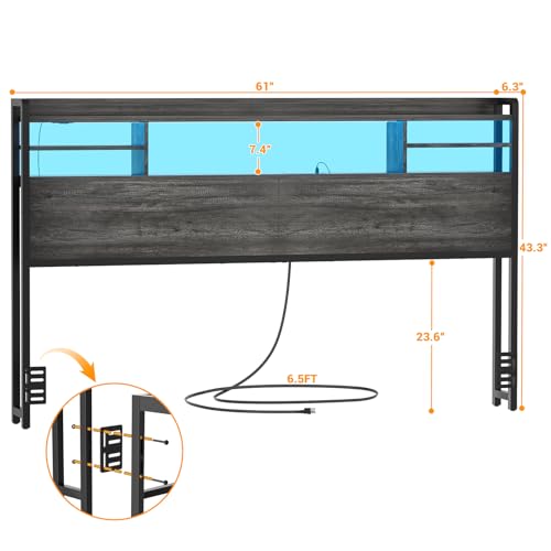 Image of Aheaplus Headboard for Queen Size Bed with Storage, Black Oak | Headboards with LED Light, Power Outlets, USB Ports Queen Size Head Board, Wood headboard Only Sturdy and Stable Headboards