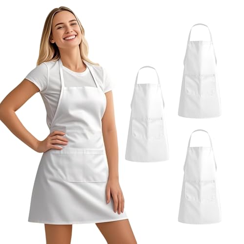 juningxin 3 Pack Kitchen Cooking White Aprons with 2 pockets Aprons for Women/Man/Chef with Pockets Aprons Kitchen Craftsmanship (White)