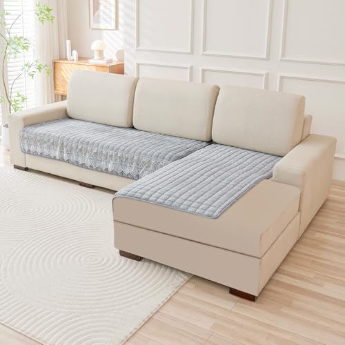 Image of HOKIPO Bellelace Velvet Sofa Cover L Shape 6 Seater Mat, 3+3, Pearl White