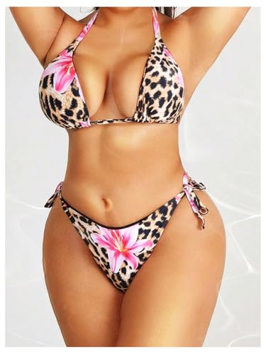 Verdusa Women's Plus Size 2 Piece Leopard Floral Swimsuit Boho Halter Triangle String Bikini Set3