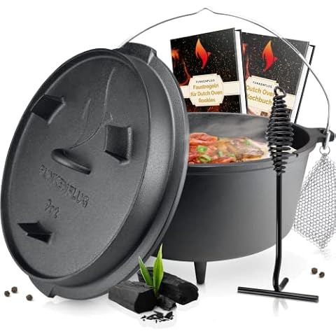 Eingebranntes Dutch Oven Set [ca. 9 Liter] - für gesellige Grill Abenteuer - BBQ Feuertopf aus massivem dickwandigen Gusseisen - inkl. Dutch-Oven Zubehör Set [Tasche, Deckelheber & Ringreiniger] Cover