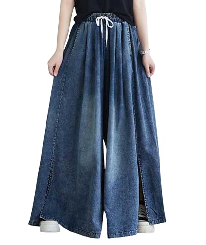 SEMATOMALA Women's Wide Leg Baggy Culottes Jeans Pants Plus Size Loose Fit Elastic Waist Palazzo Denim Pants2
