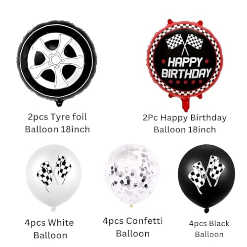 Image of GREATRIL Racing Theme Birthday Balloon Set - 16 Pcs Decoration Kit with 2 Tyre Foil Balloons, 2 Happy Birthday Foil Balloons, 4 White Balloons, 4 Black Balloons, and 4 Confetti Balloons