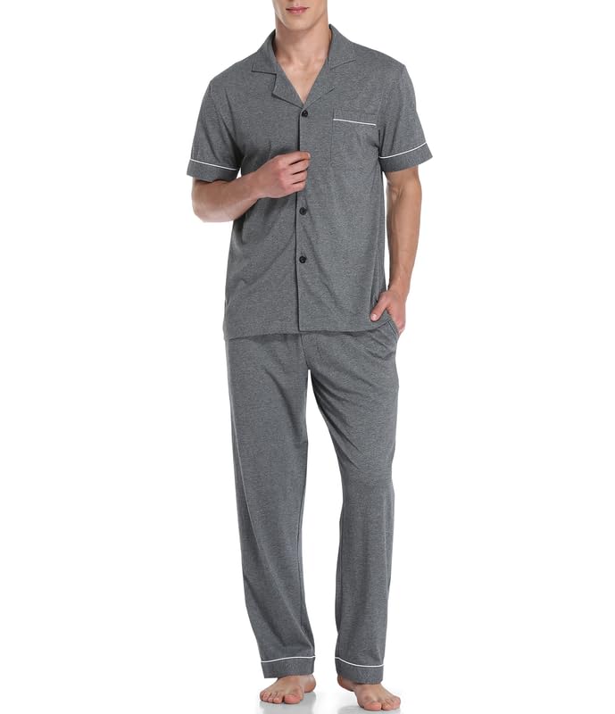 COLORFULLEAF Men's 100% Cotton Pajamas Sets Pants and Short T-Shrits 2 Piace Sleepwear Soft Comfy Pajs for Men with packts