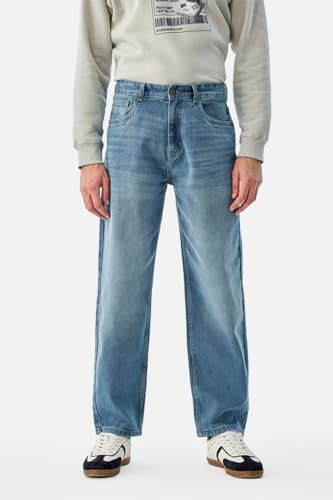 Image of SNITCH Men Jeans for Street Wear | Baggy Fit Washed Pattern Wide-Leg Style | 100% Cotton Non-Stretchable Denim Weave for Ultimate Comfort & Casual Outings