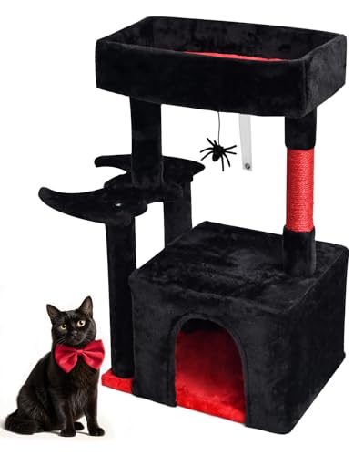 SYANDLVY Gothic Cat Tree with Coffin Bed for Indoor Cats, Activity Tower with Scratching Post, Modern House for Large Cats, Cat Condo Furniture with Basket & Hanging Spider for Play Rest, Black & Red