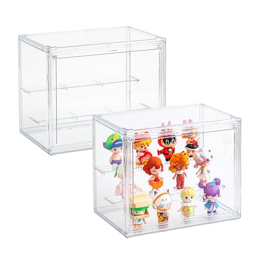 Image of 2 Pack Acrylic Display Cases for Collectibles, Clear Display Case for Figures, 3 Tier Display Shelf Boxes Miniature Display Case, Dustproof and Stackable Action Figure Display Cases (2, Small)