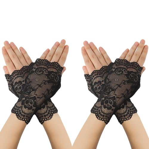 KEAHND Spitzenhandschuhe Fingerlos,Spitzen Handschuhe Schwarz,Frauen Kurze Spitze Handschuhe,für Hochzeit,Party,Oper,Teeparty,Halloween Vintage...