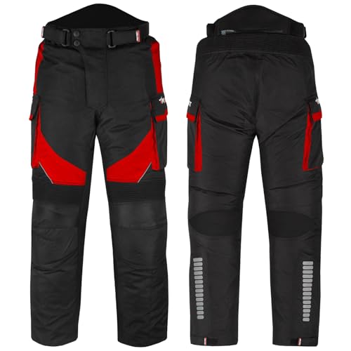 Inflori Mens Motorcycle Waterproof Textile Cordura Trousers CE Approved Protections Riding Motorbike Protective Trouser Pant (UK Waist & Inseam 34 32 Red)