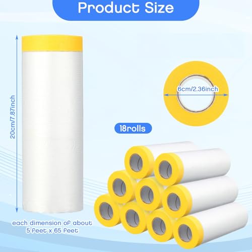 Image of Seajan 18 Roll Painters Plastic with Tape Pre Taped Masking Film for Painting Automotive Paint Adhesive Protective Film Masking Tape Roll Plastic Painting Covering (White,5 x 65 Ft)