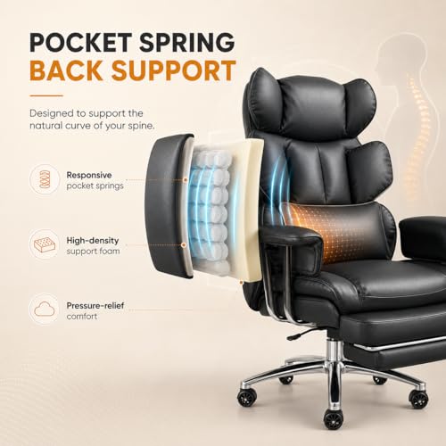 Image of Big and Tall Ergonomic Office Chair with Footrest, Executive High Back PU Leather Desk Chair, Reclining Computer Chair with Adjustable Lumbar Support and Armrests, Swivel Rolling Gaming Chair, Black