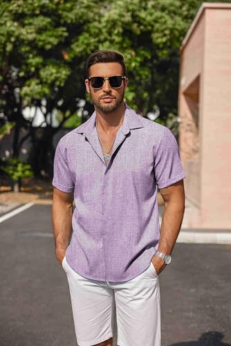 Image of COOFANDY Men's Linen Shirts Short Sleeve Casual Shirts Button Down Shirt for Men Beach Summer Wedding Shirt