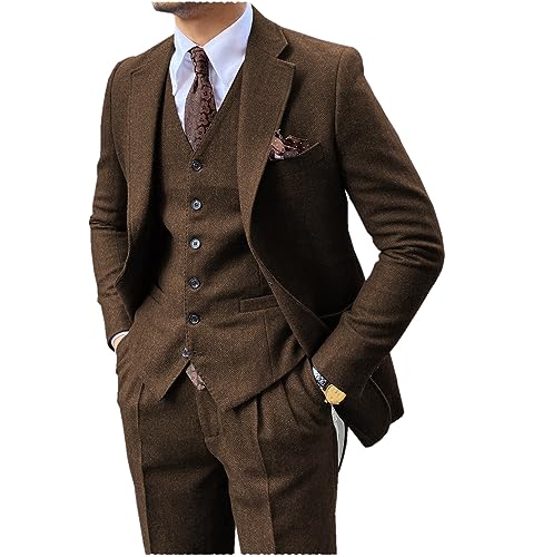 Men's Suit 3 Piece Wool Tweed Herringbone Notch Lapel Wedding Suits Tuxedo Set Jacket Blazer Vest Pant