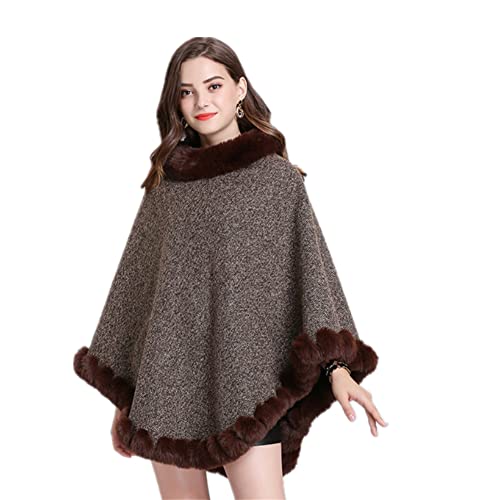 Women Knitted Shawl Poncho with Faux Fur,Round neck Pullover Shawl,Winter Warm Elegant Cloak Poncho