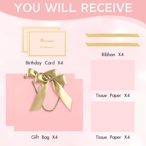 Image of JMANNI Gift Bags with Handles, 13 inch Medium Gift Bag for Presents, 4 Pcs Bags with 8 Tissue Paper and 4 Cards for Graduation Baby Shower Wedding Fathers Day Mother's Day Birthday Party(pink)