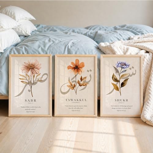 Image of Suneree Islamic Wall Art Set of 3 Framed Paintings for Living Room | Sabr Tawakkul Shukr Arabic Calligraphy Floral Wall Frames | Muslim Home Decor Elegant Quote Wall Painting (Design 8, 10x13 INCHES)