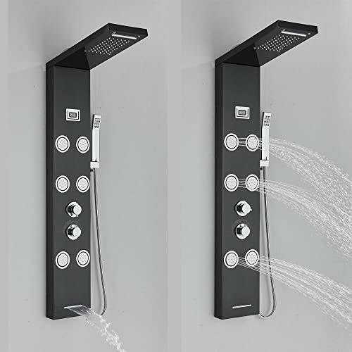 Panel de ducha de torre de acero inoxidable con sistema de lluvia, cascada y masaje corporal con chorros miniatura 3