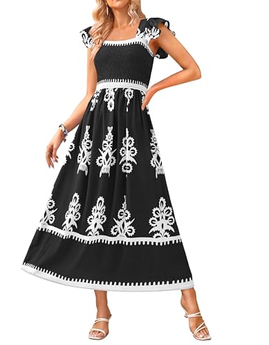 BTFBM Summer Dresses for Women 2025 Floral Smocked Boho Sleeveless Square Neck A Line Casual Beach Maxi Dress Pockets