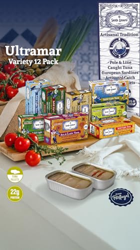 Image of Santo Amaro Portuguese Wild Tuna Variety Pack, Hand Cut, Pole & Line Caught, 8 Flavors, Ultramar Legacy, Artisinal Tradition, Olive Oil with Basil, Turmeric Curry, Oregano, Piri Piri Pepper, Ginger, Roasted Bell Pepper, Spring Water (120g per can - Pack of 12)