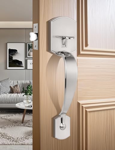 Image of Tinewa Camelot Trim Lower Half Handleset, Upgated Entry Door Handle with Accent Wave Door Lever for Electronic Keypad with Drop Interior Left Handed Lever, Brushed Nickel Finish