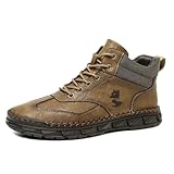 Men's Faux Leather Ankle Boots Comfortable Handmade Wide Waterproof High Top Flat Sole Shoes Fashion Driving Work Hiking Shoes Khaki