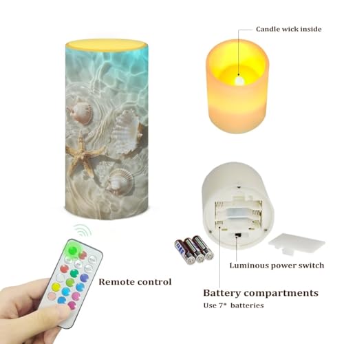 Image of Poceacles Beach Starfish Seashell Flameless Candle Battery Powered with Remote Control 12 Colors 4 /8 Hours Timer LED Night Lights Pillar Candle Tealights Beach Themed Home Decor
