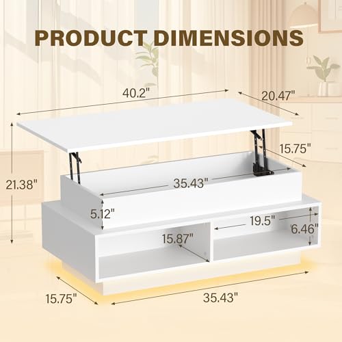 JUMMICO 40\" Modern Lift Top Coffee Table with Storage & 4 Bottom Shelves, Square Wooden Center Table with LED Lights, Rising Dining Table with Storage Shelves for Living Room and Home Office (White)
