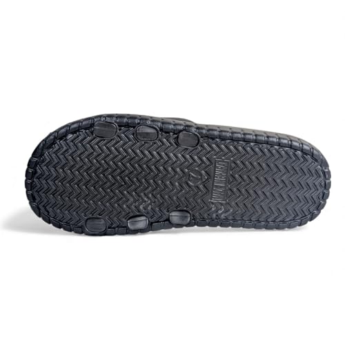 Image of Ovee slide Slip-On Sandals, Black, Textured Footbed with Logo Strap