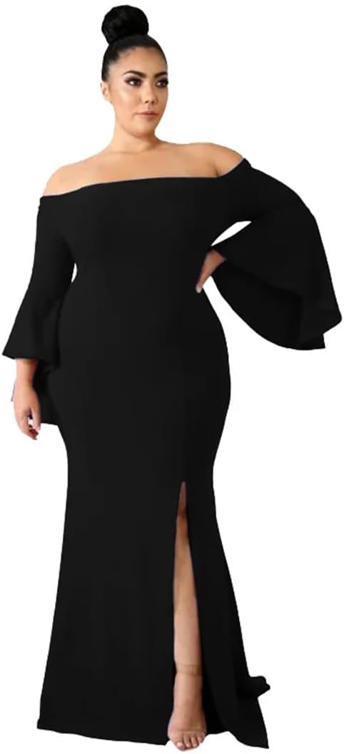 Sexy Off-Shoulder Elegant Split Dress Flare Sleeve Party Dress Women Plus Size Clothing