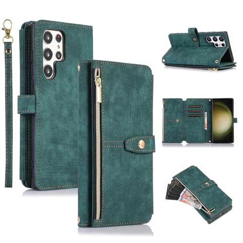 UEEBAI Wallet Case for Samsung Galaxy S25 Ultra 5G, 9 Card Holder Slots Zipper Pocket Handbag Case Magnetic Closure Kickstand with Wrist Strap TPU Shockproof Flip Case for Women - Retro Green