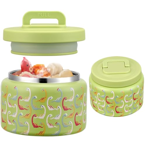 Image of JXXM 8 Oz Thermo Food Jar for Hot & Cold Food for Kids, Insulated Lunch Containers Hot Food Jar,Leak-Proof Vacuum Stainless Steel Wide Mouth Lunch Soup Thermo for School (Green-Colorful Dinosaur)