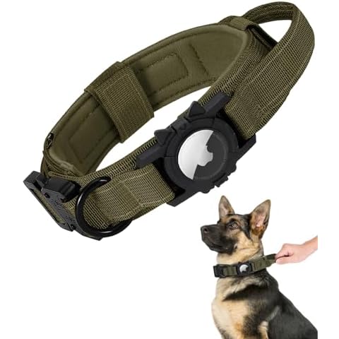 Tactical AirTag Dog Collar, EnjoIt AirTag Dog Collar Heavy Duty Dog Collar for Medium Large Dogs, Adjustable Military Collars with Apple AirTag Holder and Handle Green L Cover