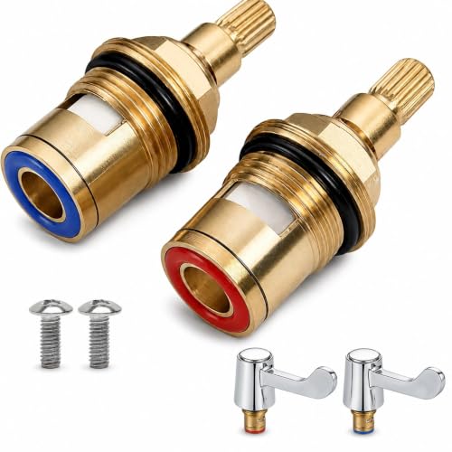 2 Pcs Ceramic Tap Cartridge 1/4 Turn 20 Spline Tap Valve Replacement for Shower Bath Taps with Washers Tap Glands Seals Repair Kit Solid Brass Ceramic (1 Pair Hot & Cold)