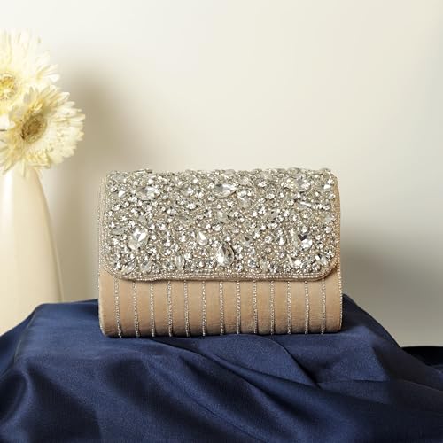 Image of THE TAN CLAN Grace Beige Flap Over Clutches for women Bag for Women- Elegant Evening Handbag, Stylish Purse, Perfect for Parties, and Special Occasions