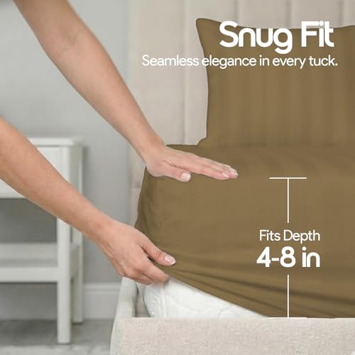 Image of LINENWALAS Cotton 300 TC Fitted Bed Sheet for King Size Bed | Signature 2 CM Sateen Stripe Design |All-Around Elastic for 4-8 Inch Mattresses | Luxury Hotel-Style Bedding (72 x 78, Mocha)
