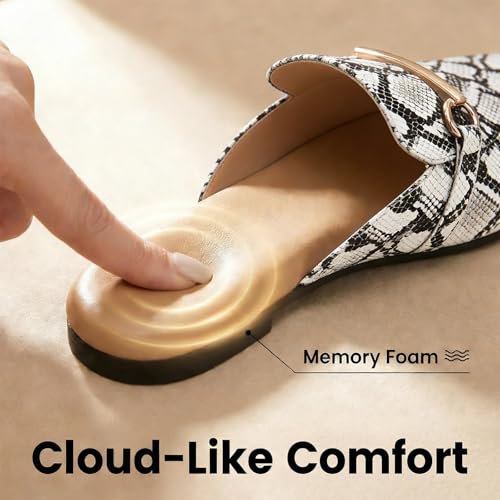 Image of MUSSHOE Gold Buckle Mules for Women - Comfortable Memory Foam Loafers, Classy Slip On Flats for Office Business Casual, Dressy Pointed Toe Shoes