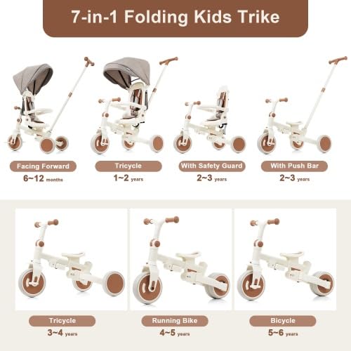 Baby Tricycle, Foldable Toddler Tricycle with Removable and Adjustable Parent Handle, Toddler Push Bike with Removable Pedal, Canopy, and Guardrail, Tricycle for 12-72 Months (Ivory)